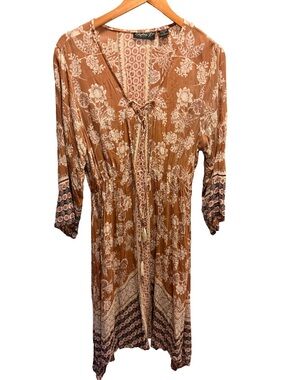 Boho Floral Peasant Mini Dress - Burnt Orange/Cream - Size Large - Like New